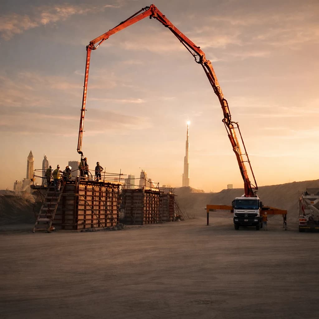 Concrete pump operation and site team at sunset in Dubai